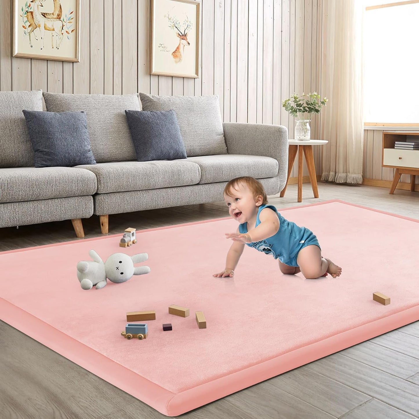 Baby Play Mat for Floor Tummy Time Mat Nursery Rug Muscle Area Rug Playroom Tatami 79"x138" Memory Foam 1.3" Thick Crawling For Babies,Toddlers, Infants, Kids,Floor(Pink)