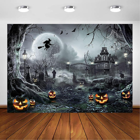 Avezano Halloween Photography Backdrop Full Moon Scary Night Castle Pumpkins Party Background Spooky Witch Bats Cemetery Child Kids Halloween Party Decorations Photoshoot Backdrops (10x7ft, Gray)