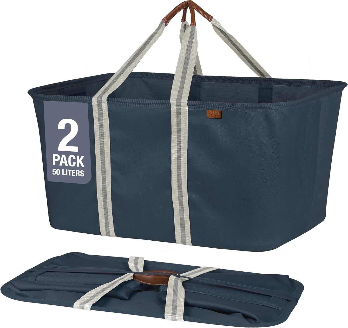 CleverMade Collapsible Laundry Tote - LUXE Navy Noir Cream 2Pack 50L - Foldable Storage Organization Container Clothes Laundry Room Storage Solution