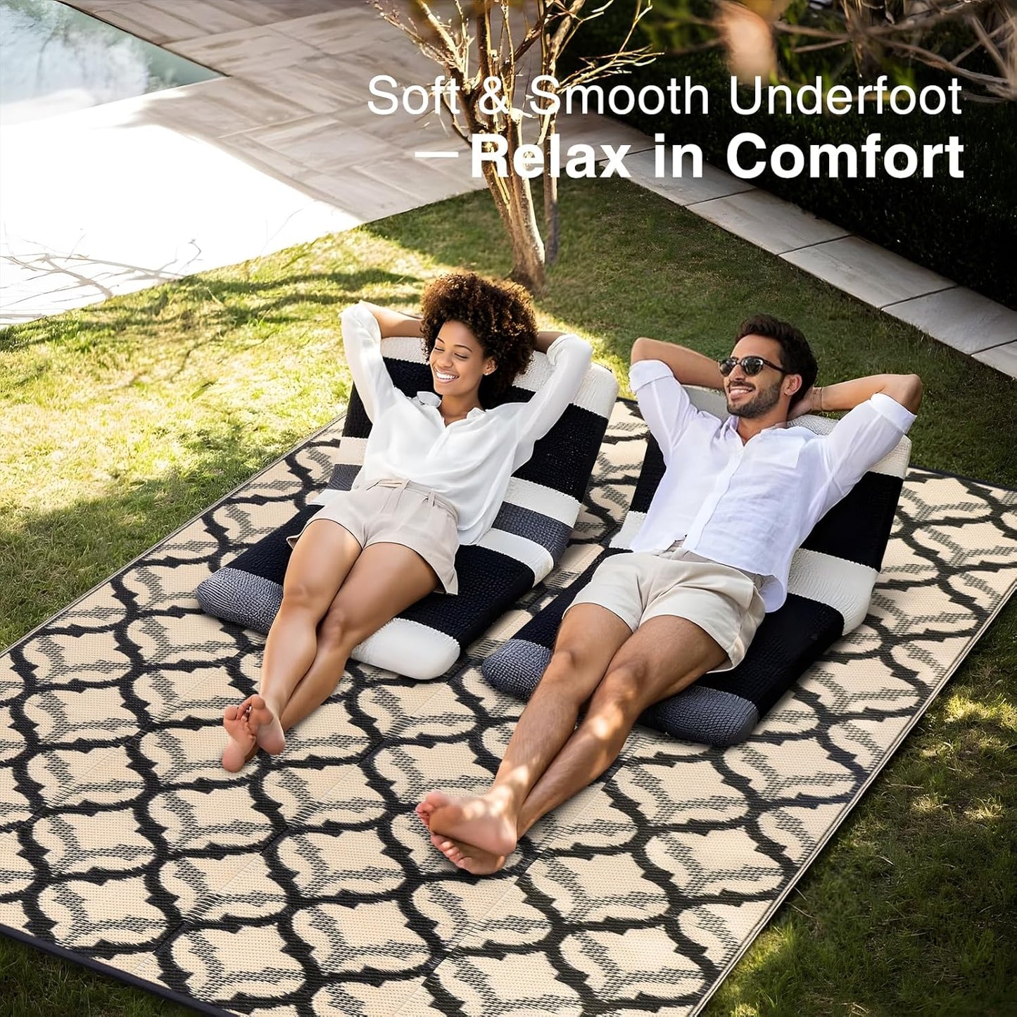 OLANLY Reversible Outdoor Rug 9x12 ft Clearance, Waterproof Outdoor Plastic Straw Rug with Interlacing Pattern, RV Mat for Patio, Camping, Balcony, Deck, Backyard, Black & Beige