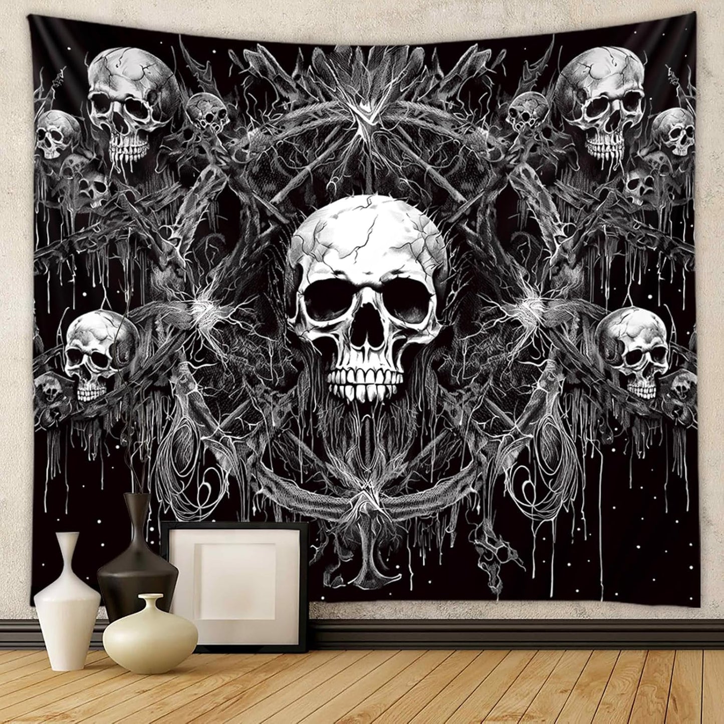Tapzen Gothic Black and White Wall Tapestry - Dark Skeleton Horror Design - Aesthetic Cool for Bedroom or Living Room (60 x 40 inches)