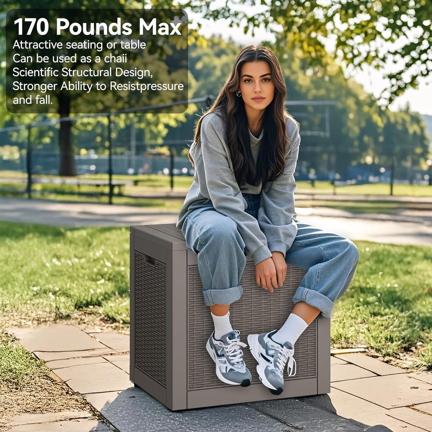 NUNU LAB 30 Gallon Waterproof Resin Deck Box, Lockable Outdoor & Indoor Storage Bench for Patio Cushions, Garden Tools, Pool Accessories & Package Deliveries – Grey