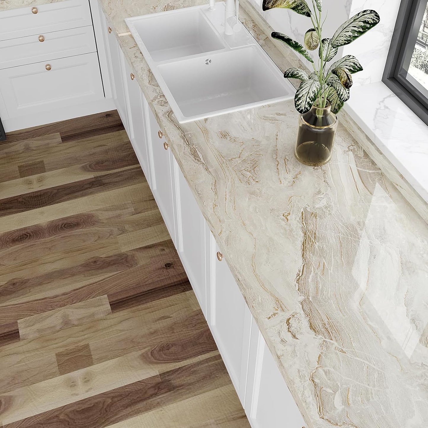 VEELIKE Large Size Marble Contact Paper Peel and Stick Countertops for Kitchen Waterproof Beige Gold Marble Wallpaper for Countertops Walls 32''x118'' Self Adhesive Countertop Vinyl for Bathroom Desk