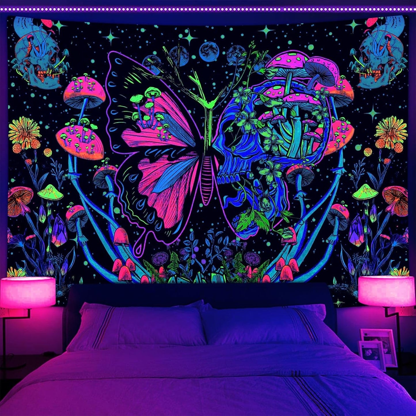 Xiaoput Blacklight Skull Butterfly Tapestry, Trippy UV Reactive Mushroom Wall Hanging Tapestries, Glow in The Dark Hippie Skeleton Aesthetic Moon Tapestry for Living Room Home Dorm Decor 60X40IN