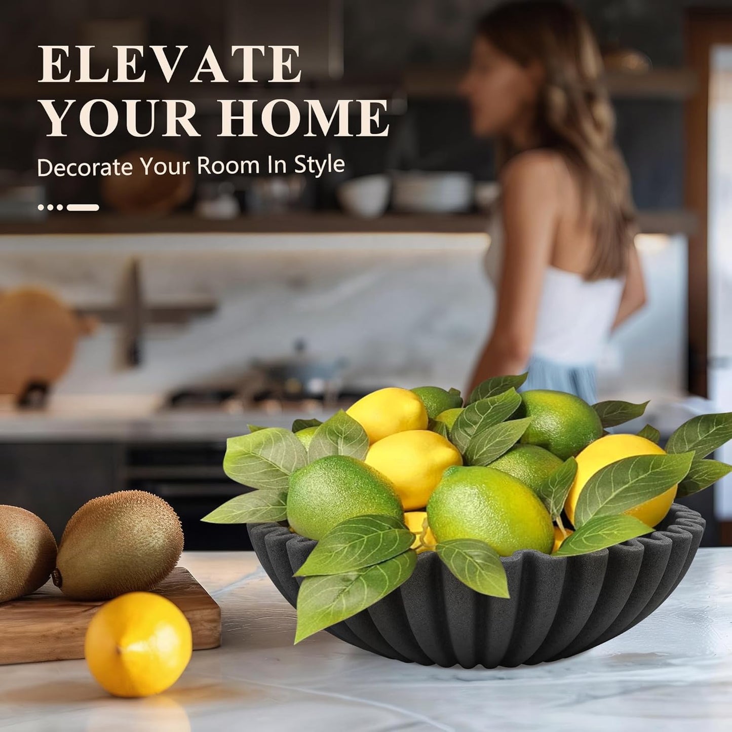 Large Decorative Bowl, Modern Handicraft Bowls for Home Decor, Decorative Fruit Bowl for Kitchen, Ruffle Bowl Decor, Stylish Key bowl for Entry Table, Artificial Stone Black