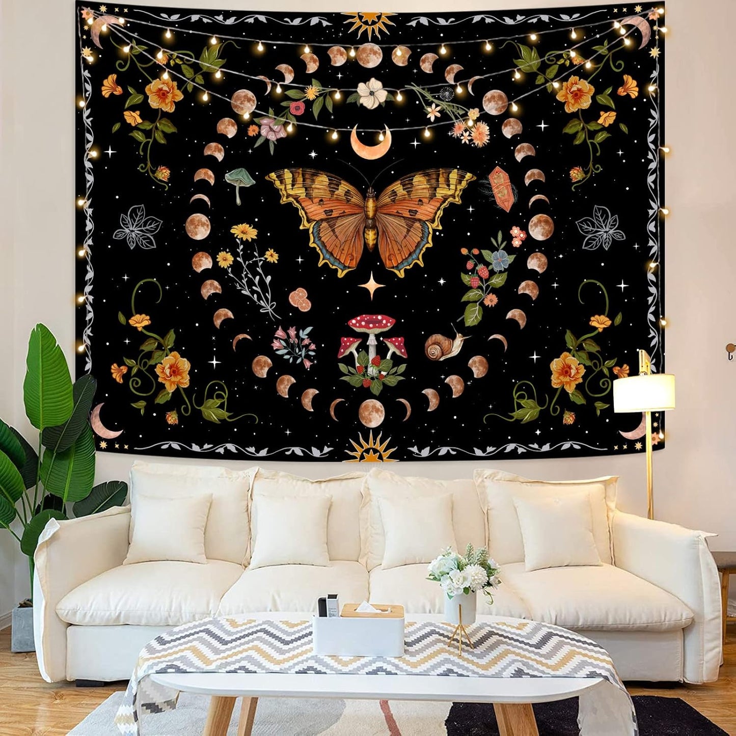 Aipon Orange Butterfly Moon Flower Tapestry Botanical Floral Plant Boho Tapestry for Bedroom Aesthetic Vintage Tapestries Wall Hanging for Living Room Dorm (44.00'' × 60.00'', Orange)