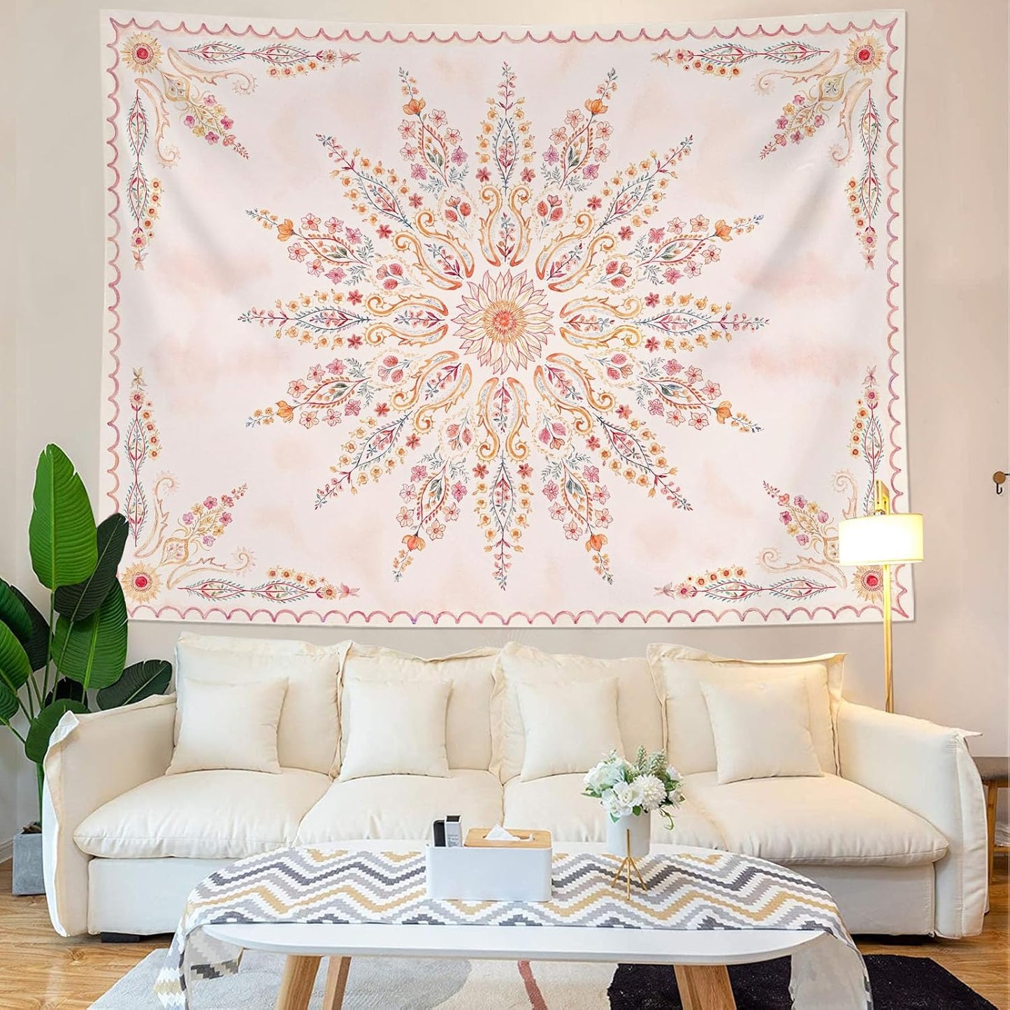 Fowocu Boho Floral Mandala Tapestry for Bedroom Aesthetic Pink Bohemian Flower Wall Tapestry Watercolor Hippie Indian Tapestries Wall Hanging for Living Room Dorm Decor 60 x 44 Inch