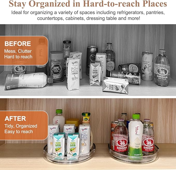 Clear Lazy Susan Organizer Turntable for Cabinet Table Top, 9.25 Inch 2 Pack 360 Rotating Spinning Makeup Organizer for Vanity, Kitchen Storage Rack Heavy-Duty Pantry Spices Tray Countertop Organizer