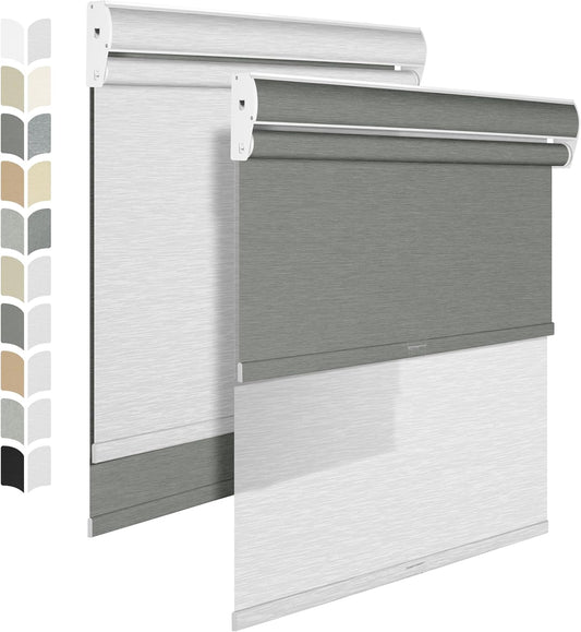 BERISSA Cordless Dual Roller Shades with Cassette Valance, Double Window Shades - Blackout and Light Filtering, Day and Night for Home Office Door - Grey and White. 74 W x 80" H