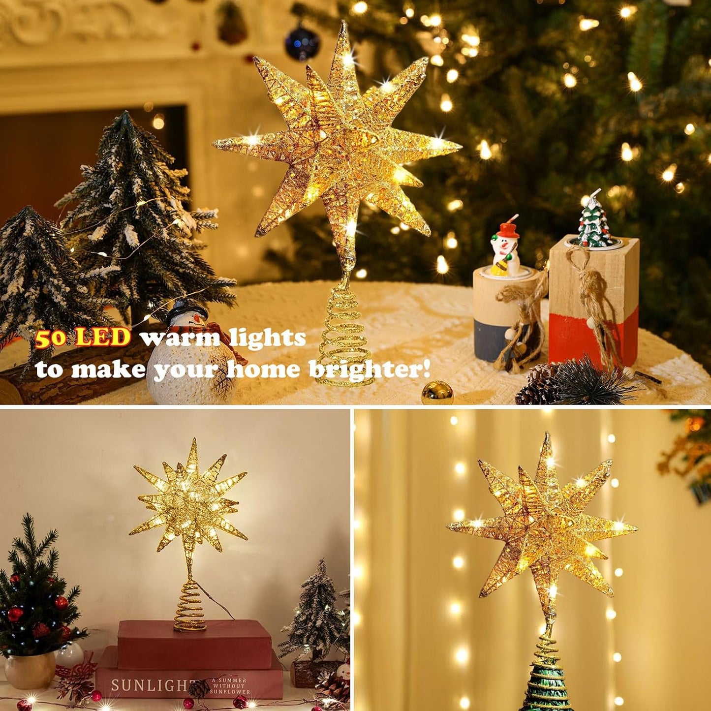 Christmas Tree Topper Star Gold with Warm White 50 LED Lights, Star Tree Topper for Christmas Tree Tradition Moravian Decor, 11X 7.87 Inch with 5m Long Line, Estrella para Arbol De Navidad