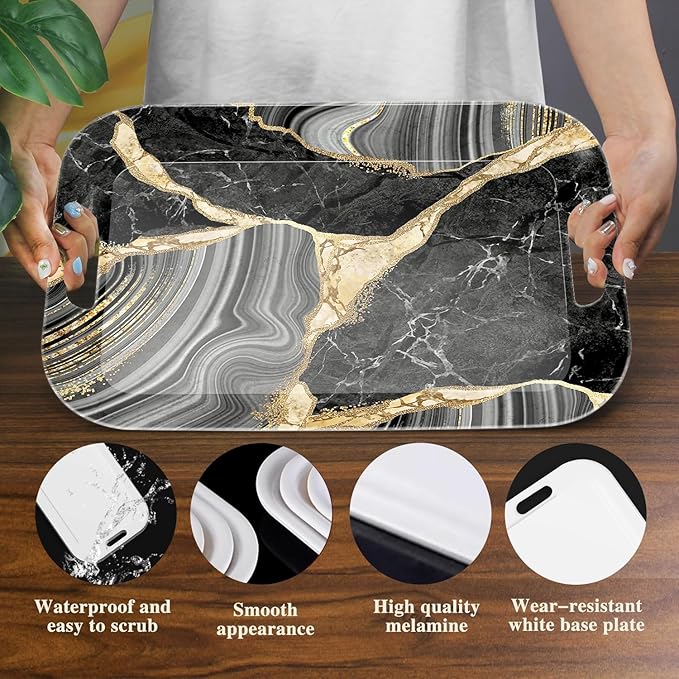 Serving Trays with Handles, 14.5 x 9.8 inch Rectangular Plastic Tray for Restaurant, Kitchen, Abstract Background Black Marble