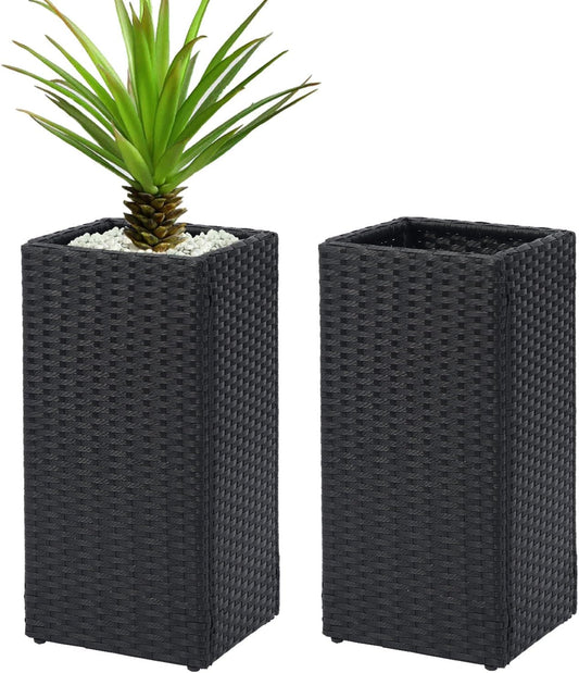 LEWIS&WAYNE Set of 2 Tall Planters for Outdoor Plants Handmade 24'' Wicker Tall Square Planter Box with Removable Liners Modern Planter for Indoor Outdoor Garden Patio Front Porch - Black