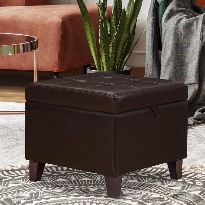 Adeco 15.2" Modern Brown Faux Leather Storage Ottoman with Tufted Flip Top for Living Room, Tufted Accents Rectangular Bench for Foot Rest