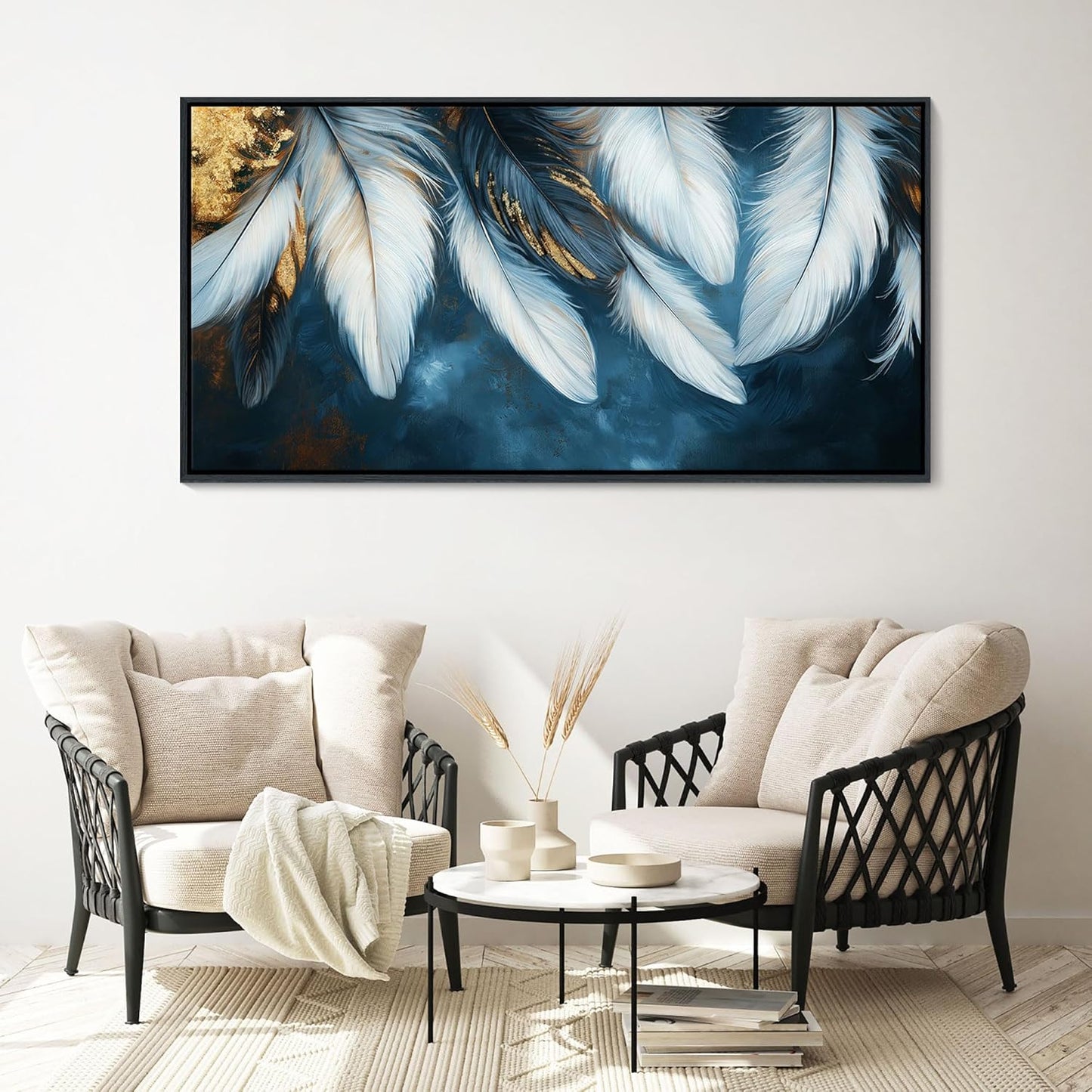 Mofutinpo Blue and Gold Wall Art Framed Navy Blue Decor for Living Room Feather Canvas Art Wall Decor, Blue Bedroom Wall Decor Above Bed Pictures, Painting - Artwork for Walls 29×58IN