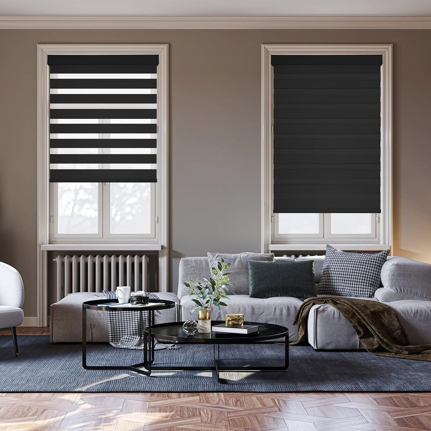 HESTIA Cordless Zebra Blinds Light Filtering Roller Shades UV Blocking Blackout Privacy Indoor Window Shades for Home Office Day and Night, Black,40" W x 48" H