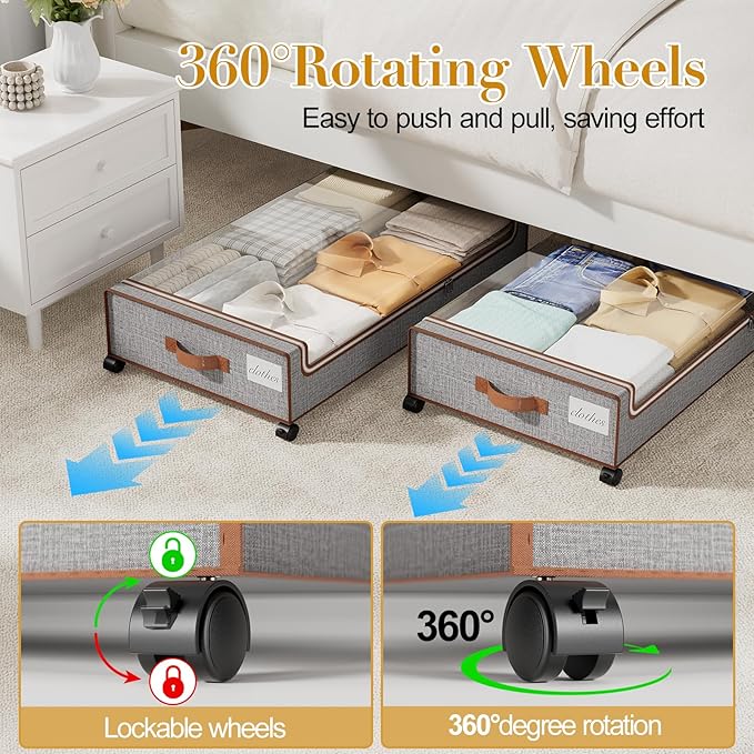 Yecaye Under Bed Storage with Wheels, 2 Pack Under Bed Storage Containers with Clear Lids & Label, XXL Large Lapacity Rolling Under Bed Drawers for Clothes, Shoes, Blankets