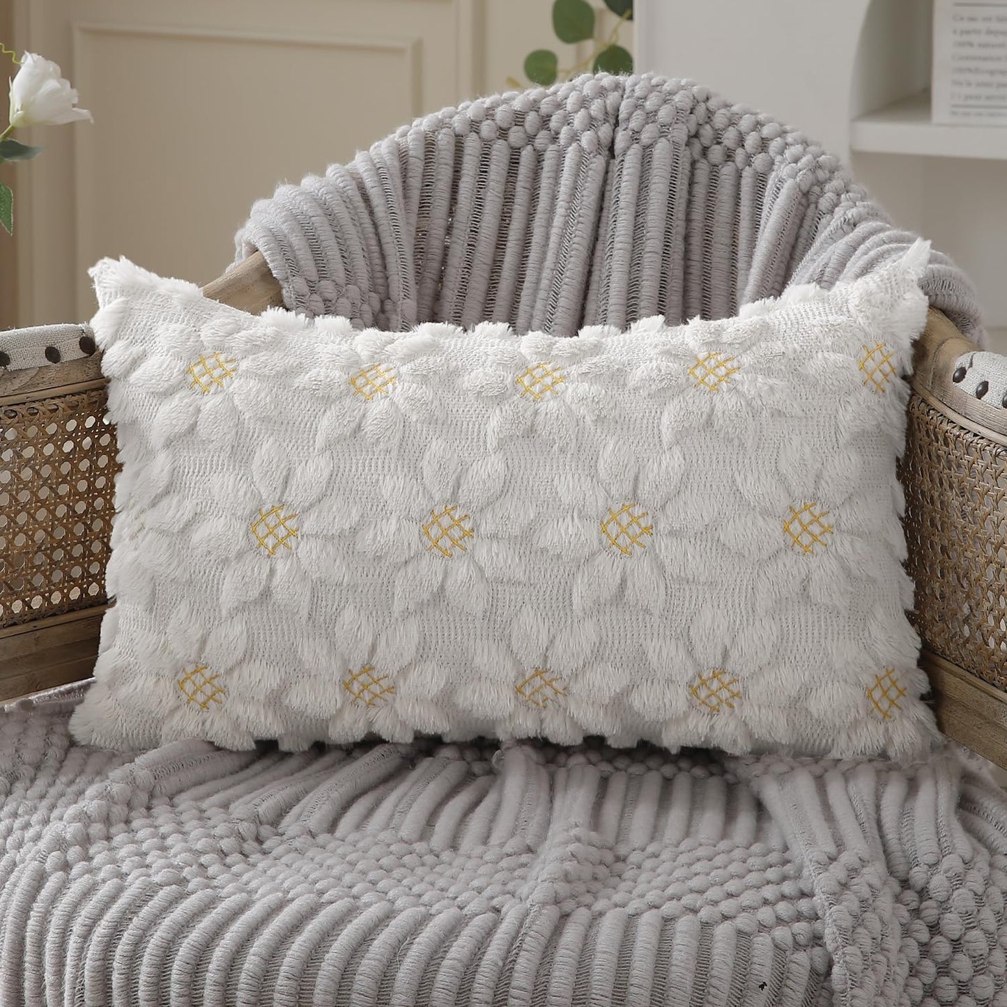 DFXSZ Spring Summer Pillow Covers 12x20 inch Set of 2 Farmhouse Decor Yellow Color Flower Heart Sunflower Soft Plush Faux Fur Jacquard Throw Pillows for Sofa Holiday Spring Home Decor PTK024C12