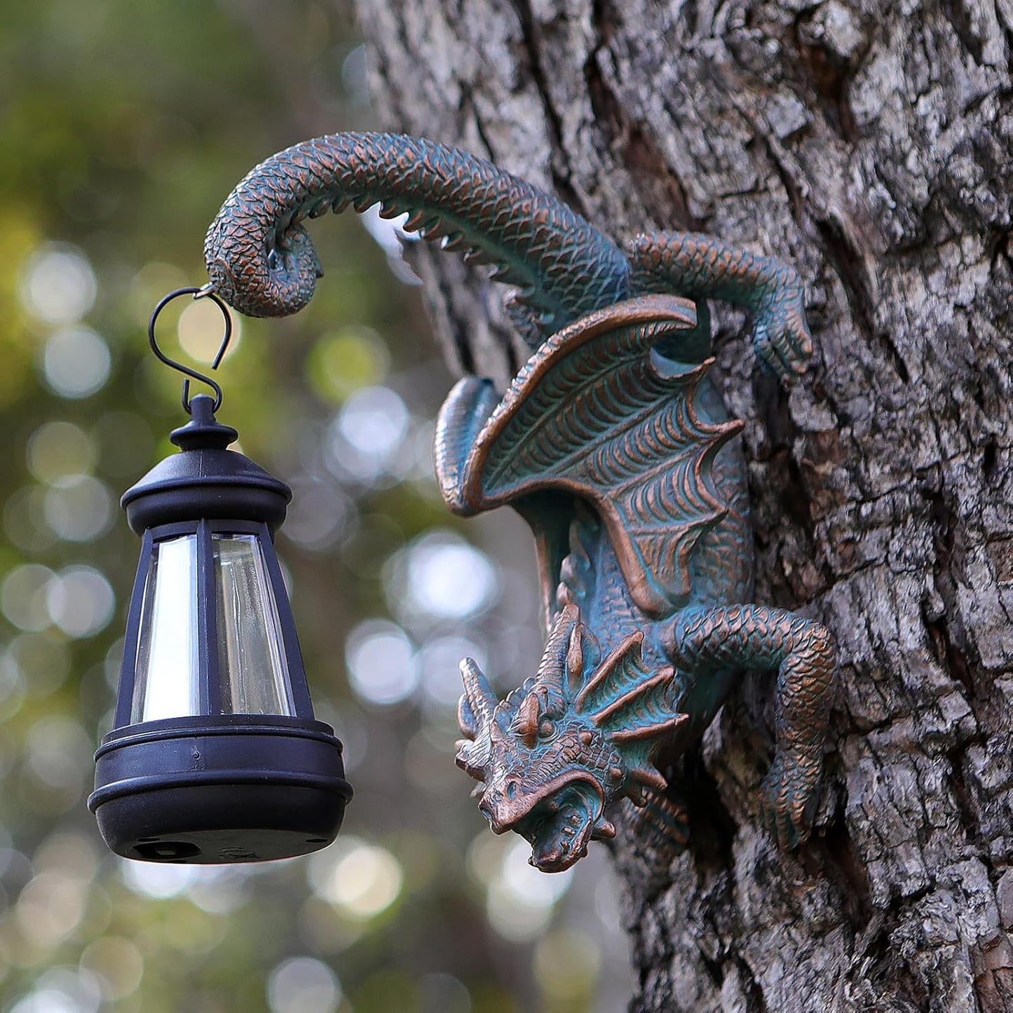 Solar Dragon Tree Hugger Statue Wall Decor - Gothic Garden Statue with Solar Lantern, Outdoor&Yard Decor, Fantasy Dragon Figurine for Trees, Walls, or Fences - Unique Gift for Adults, Men & Women