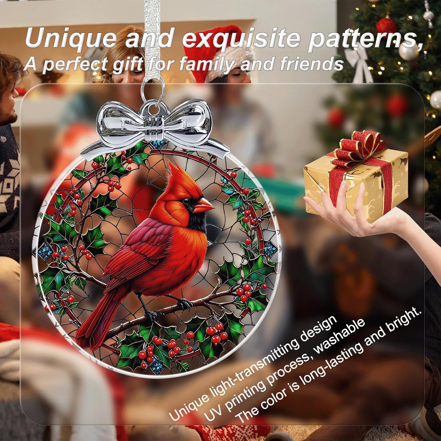 Cardinal Stained Glass Christmas Ornament - Hanging Ornaments for Christmas Tree Decorations - Red Cardinal Memorial Gifts for Loss of Loved One