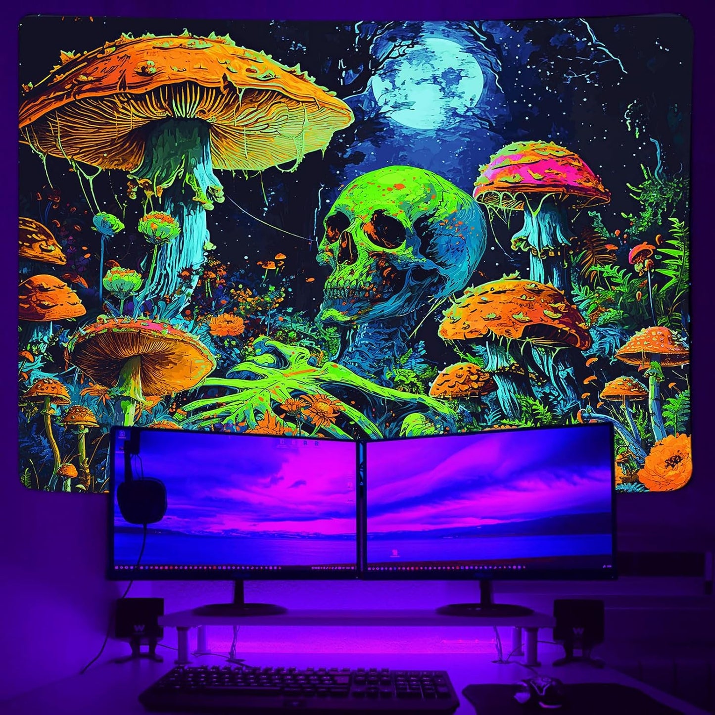 Xiaoput Blacklight Skull Tapestry, Black Light Skeleton Tapestry for Bedroom, UV Reactive Neon Gothic Tapestry for Men, Glow in Dark Trippy Forest Tapestry Wall Hanging for Home Decor,70X60IN