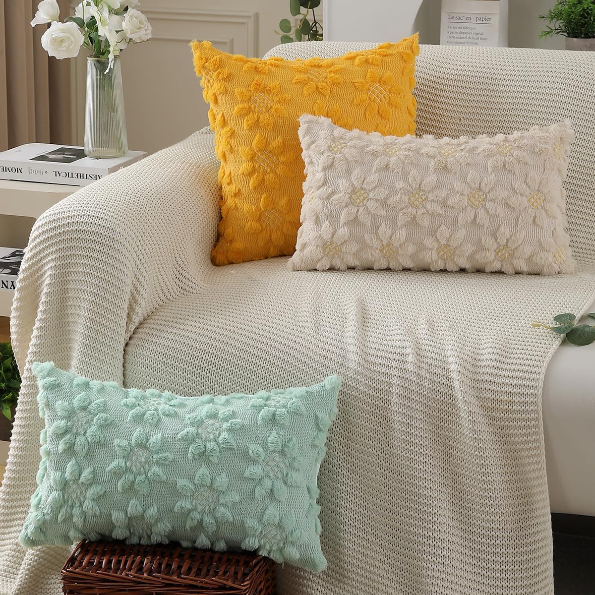 DFXSZ Spring Summer Pillow Covers 12x20 inch Set of 2 Farmhouse Decor White Flower Heart Sunflower Green Soft Plush Faux Fur Jacquard Throw Pillows for Sofa Holiday Spring Home Decor PTK024F20