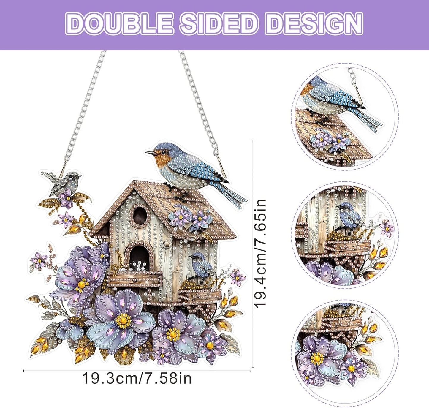 Lxmsja DIY Birdhouse Diamond Painting Hanging Ornament, Double-Sided Acrylic Flowers Bird Diamond Art Kit, Special Shaped Drill Pendant Window Art Kit, Suncatcher Hanging Craft Decoration 8x8 inch