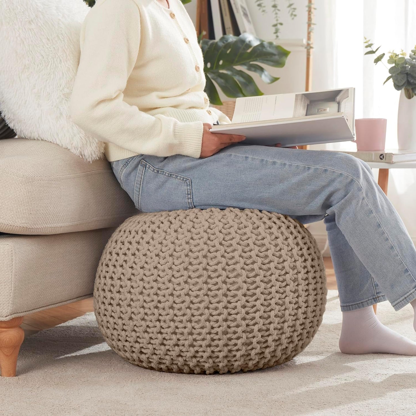 Ornavo Home Pouf Ottoman Foot Rest - 100% Cotton Pouffe - Hand Knitted Cable Braid Cord - Boho Round Stuffed Ottoman for Living Room, Bedroom - Beige