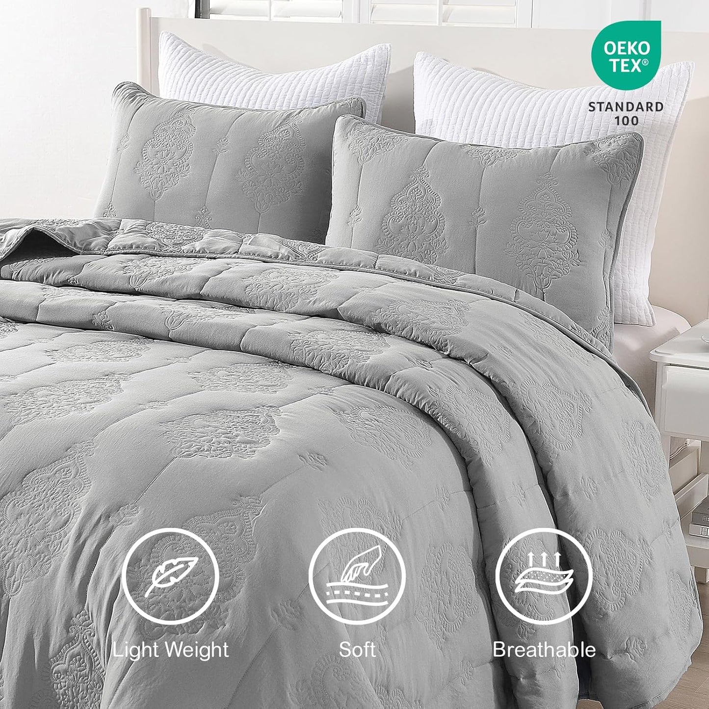 HORIMOTE HOME Grey Quilt King Size Floral Quilt Bedspread Lightweight Soft Pre-Washed Microfiber Bedcover, 3 Pieces Thin Comforter Bed Cover Bedding Set for All Season