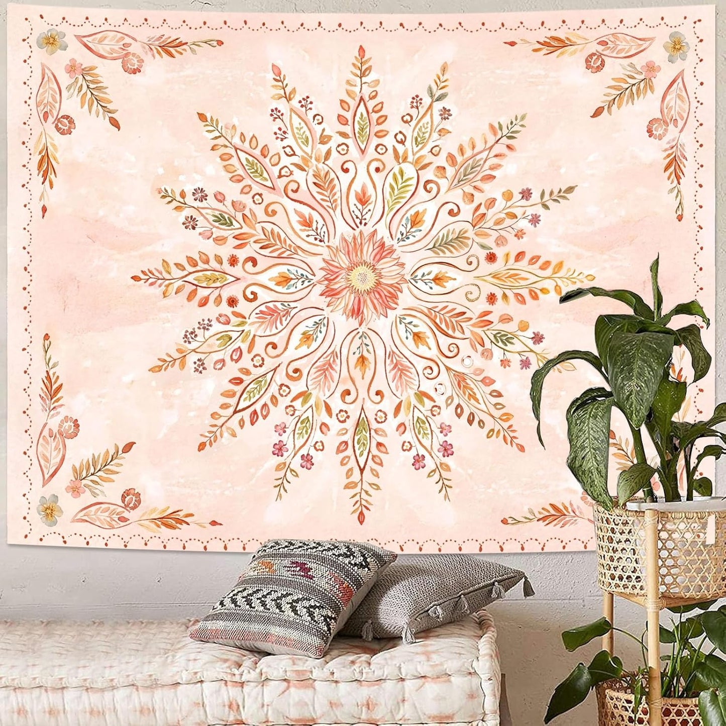 Lunerfex Floral Mandala Tapestry Boho Tapestry for Bedroom Orange Tapestries Wall Hanging Living Room Wall Art and Home Decor 70x90