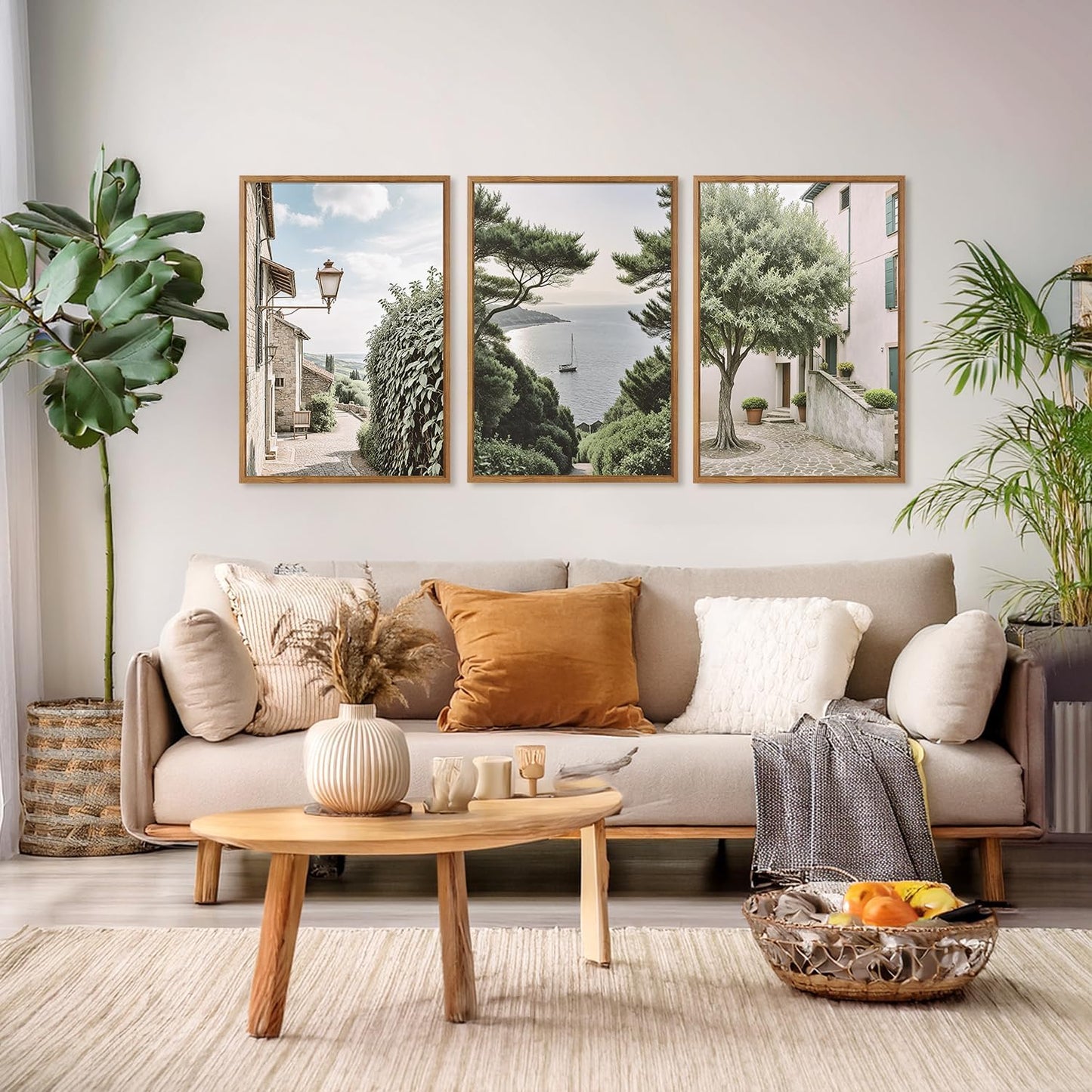 Aurlan Neutral Italy Cityscape Gallery Framed Wall Art(16"x24"), 3PCS Vintage Mediterranean Countryside Landscape Canvas Artwork, Large Town Coast Streets Travel Decor Prints for Office Home