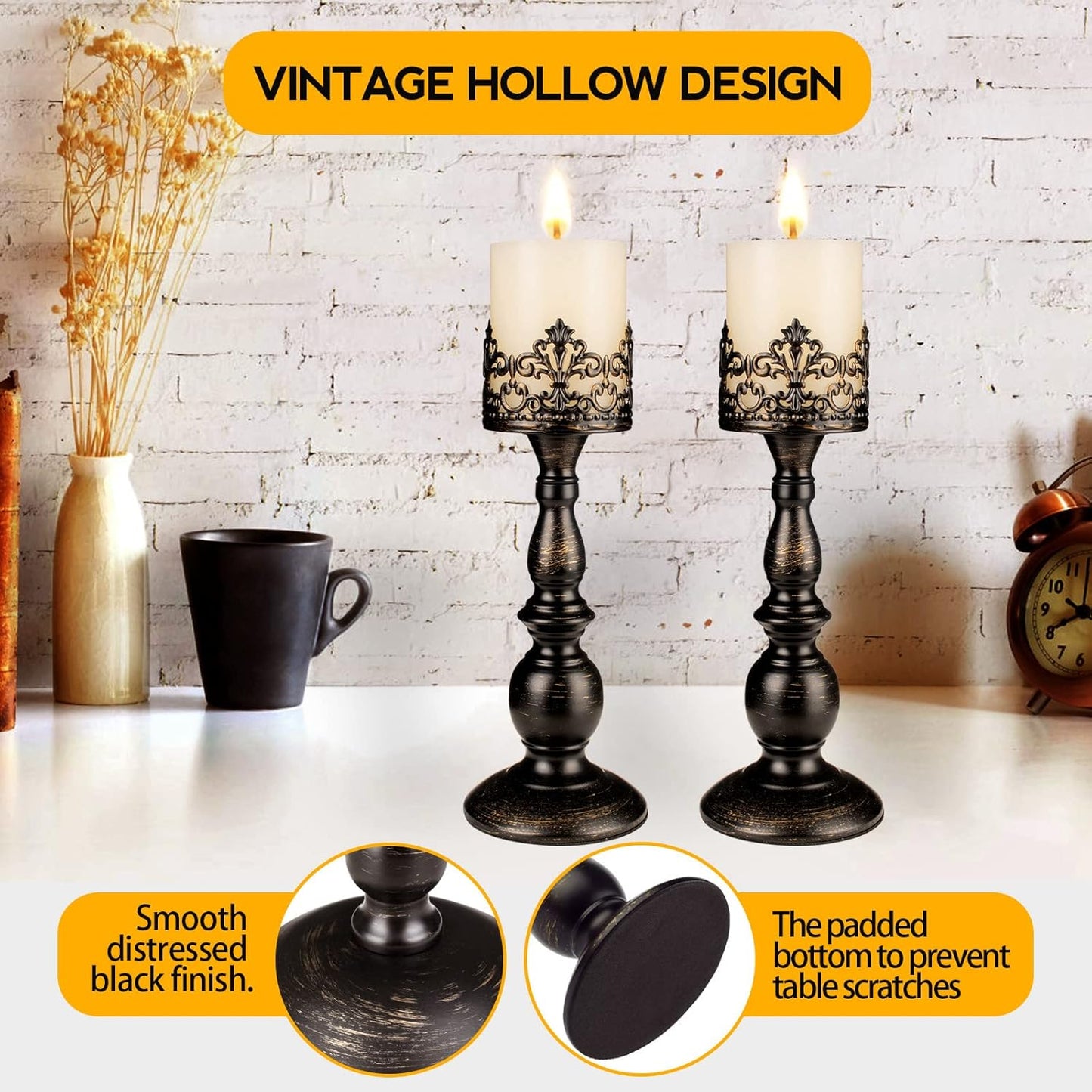 Candle Holders for Pillar Candles Gothic Matte Black Vintage Tall Candle Holders Set of 2 Decorative Large Table Centerpieces Candle Stand Decor (Distressed Black 2PCS A)