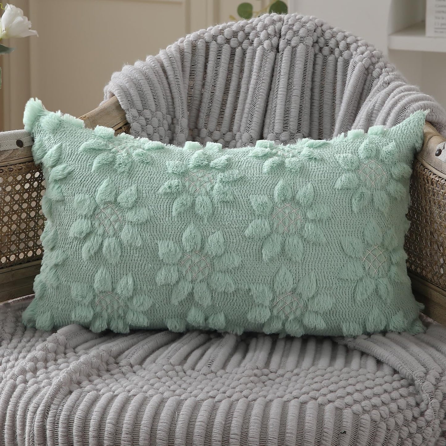 DFXSZ Spring Summer Pillow Covers 12x20 inch Set of 2 Farmhouse Decor White Flower Heart Sunflower Green Soft Plush Faux Fur Jacquard Throw Pillows for Sofa Holiday Spring Home Decor PTK024F20