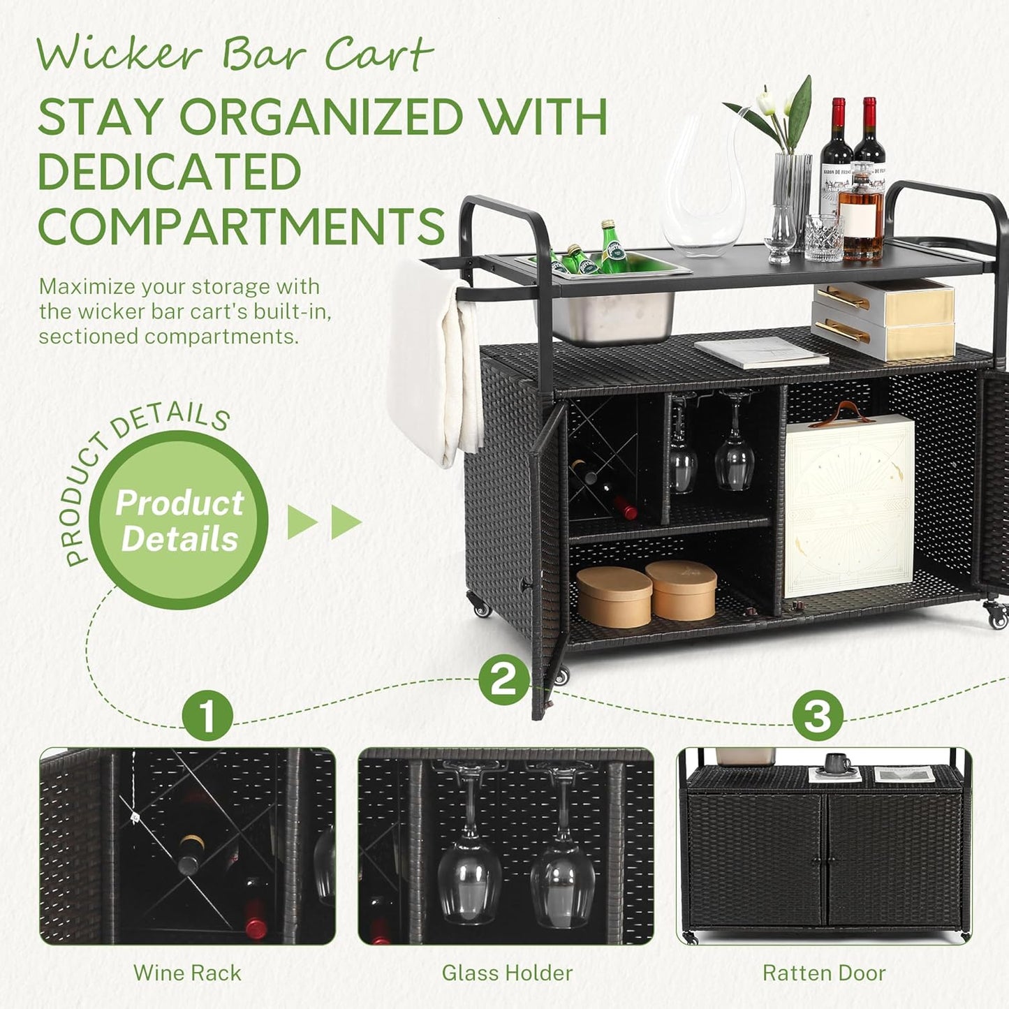 Wicker Outdoor Bar Cart with Ice Bucket, Patio Bar Table with 2 Ratten Doors Cabinet and Casters for Grill, Kitchen and Garden,Black