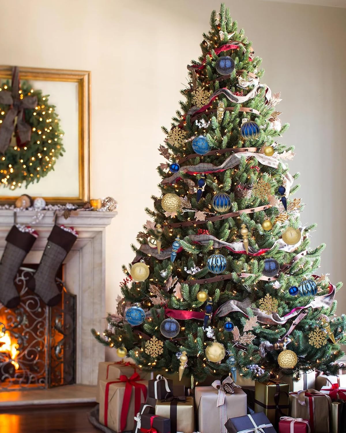 92ct Christmas Tree Decoration Set Christmas Ball Ornaments with Srtings Shatterproof Christmas Baubles for Christmas Holiday Wreath Garland Party Decoration, Blue-Gold