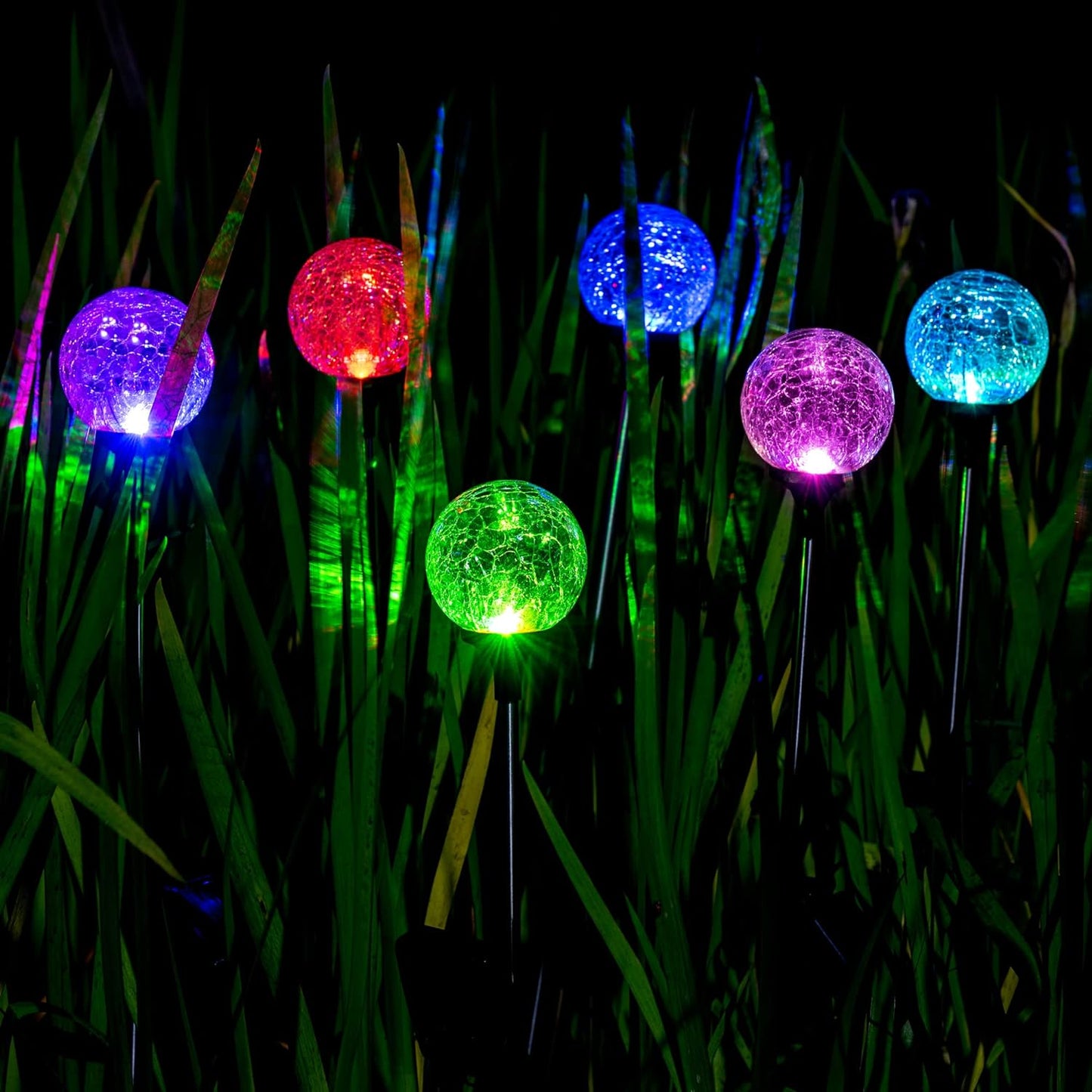 SOLPEX Solar Garden Lights 6 Pack, Solar Globe Lights Outdoor Waterproof, Solar Lights Outdoor Decorative, Multi-Color Changing Garden Spheres Large Waterproof for Yard, Cracked Glass Ball LED Lights