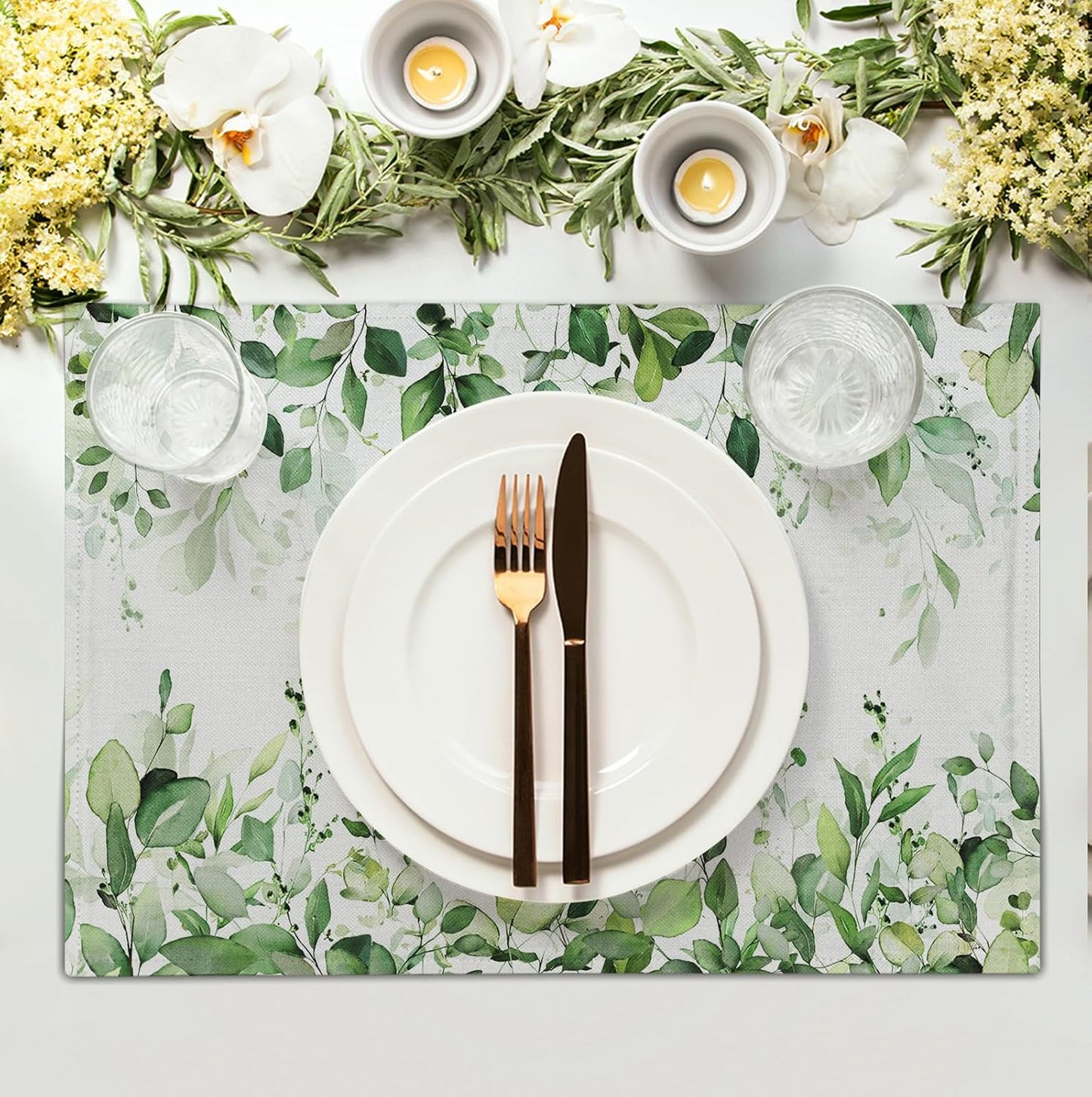 Sage Green Leaf Placemats Set of 4 Eucalyptus Leaves Place Mats 12×18 Inch Spring Summer Rustic Vintage Farmhouse Washable Linen Fabric Table Mats for Party Kitchen Dining Outdoor Indoor Decor