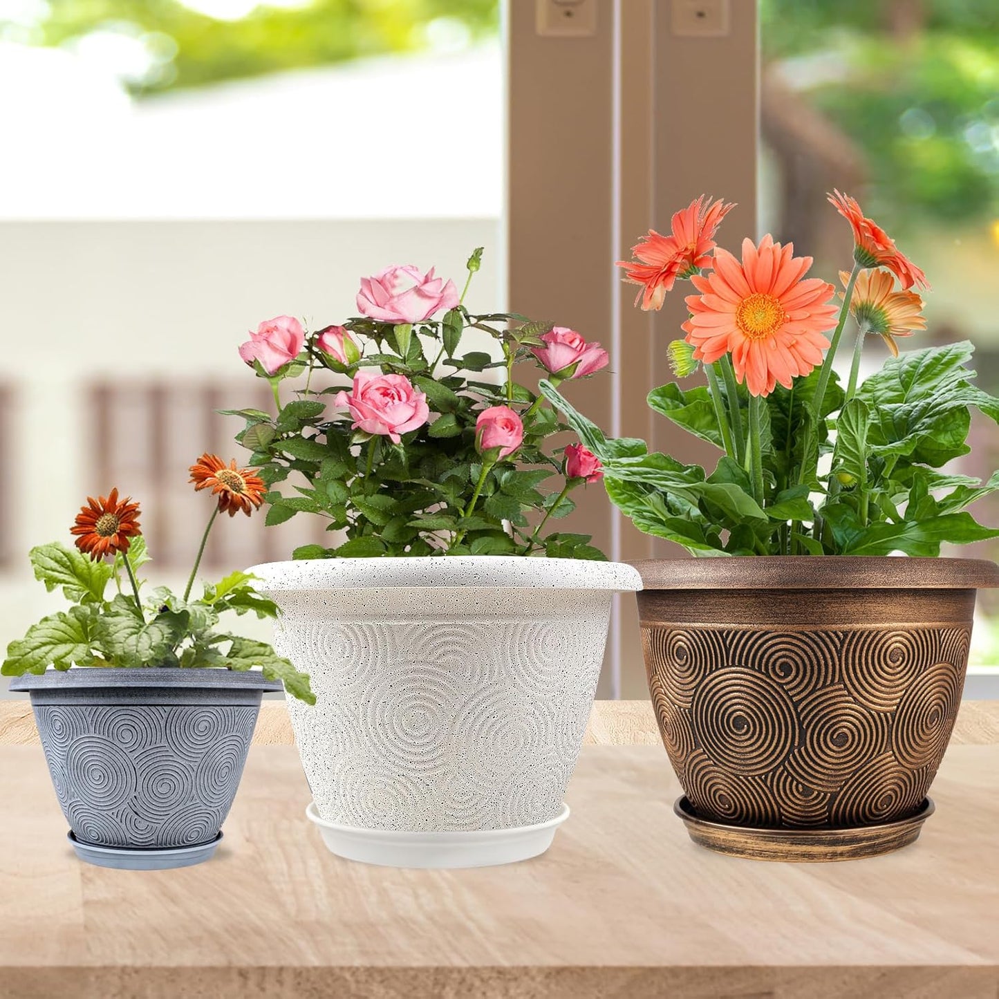 Plastic Flower Pots Planters for Indoor Plants, 4 Pack 14 Inch White Plant Pots with Drainage Hole & Tray, Modern Decorative Large Plant Pot with Saucer for Indoor Outdoor Plants Garden House Planter