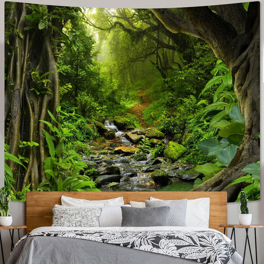 AMM Green Rainforest Tapestry Nature Forest Tapestry for Bedroom Aesthetic Misty Tropical Jungle Trees Flowing Stream Landscape Tapestries Wall Hanging for Living Room Dorm 60 x 44 Inch