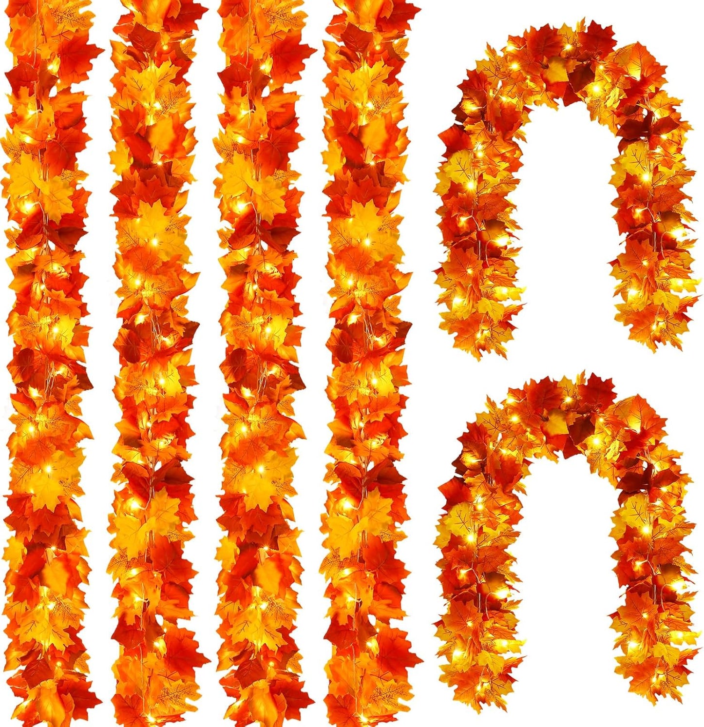 Joyhalo 6 Pack Fall Garland with Lights, Fall Leaves for Mantle, Outdoor Lighted Up Leaf Garland Autumn Decor with 6.5FT LED String Lights, Hanging Maple Leaves for Door, Thanksgiving Decor