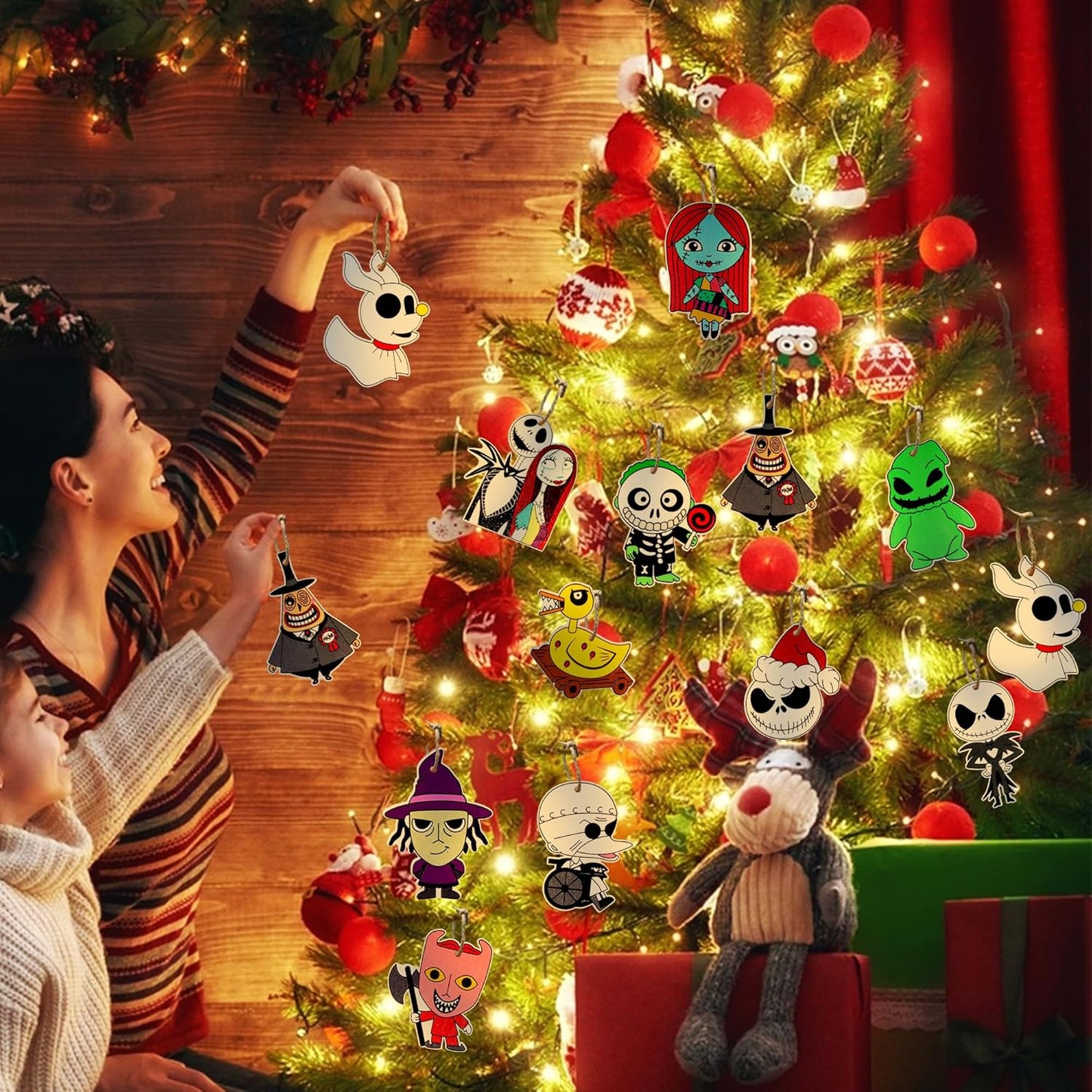 36 PCS Halloween Christmas Night-mare Ornaments Decorations, Halloween Christmas Wooden Hanging Ornaments Set, Night-mare Theme Ornaments for Tree Home Indoor Party Decor