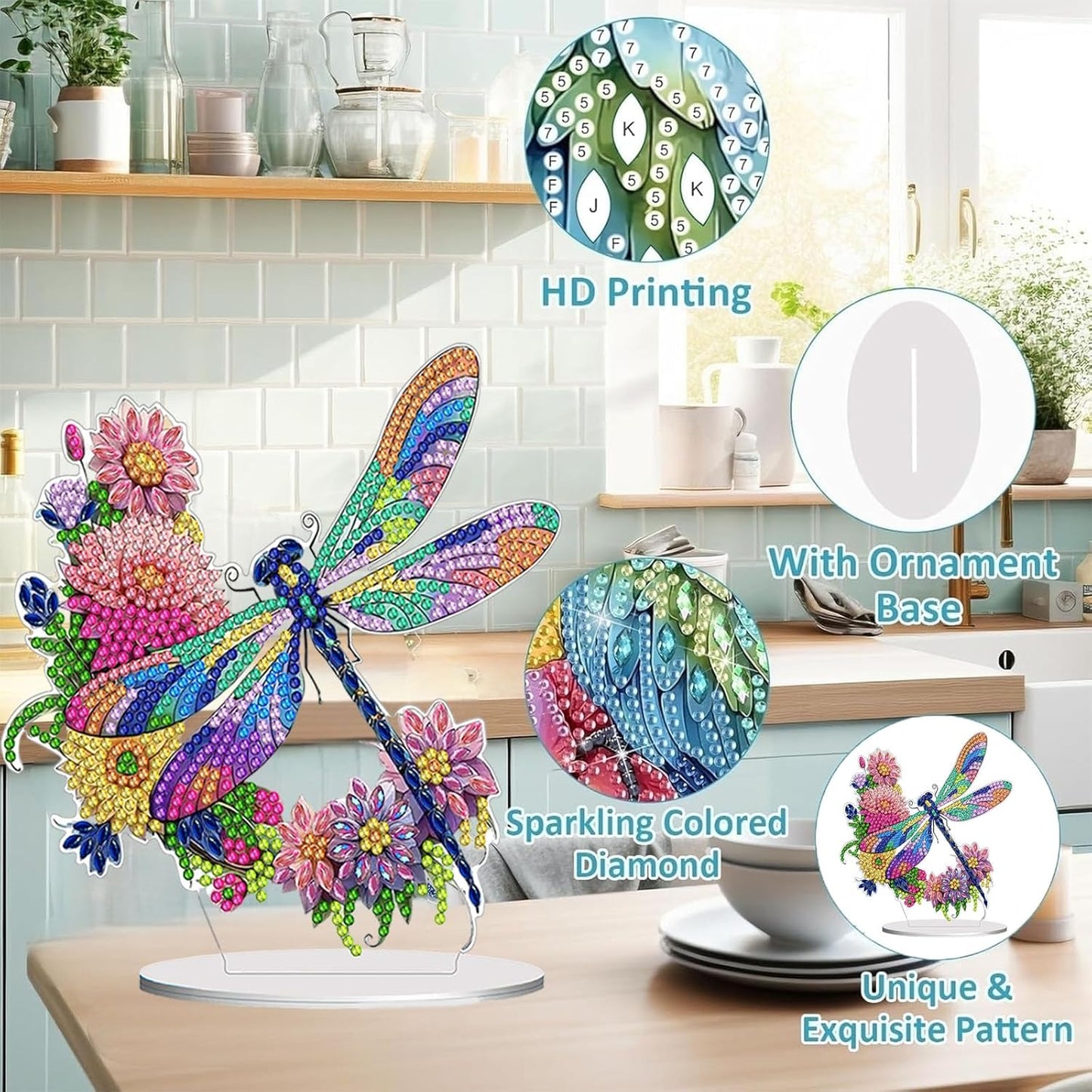 Diamond Painting Kits for Adults Beginners, 5D Full Drill Dragonfly Crystal Art Desktop Ornament, DIY Single Sided Home Office Desk Decor, Creative Craft Gift Set with Tools