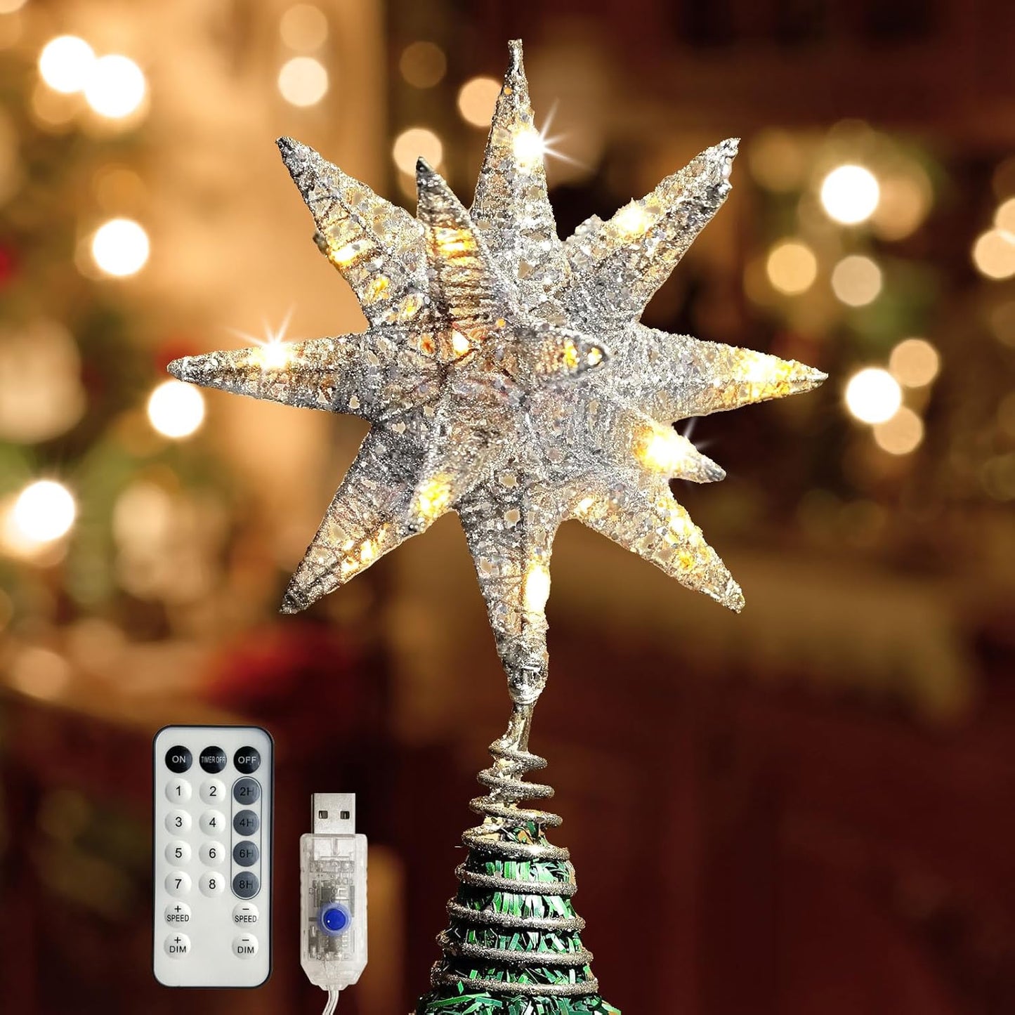Christmas Star Tree Topper Silver, 3D Geometric Star Decorative Tree Topper with Warm White 50 LED Light Beads for Home Holiday Xmas Tradition Moravian Decor, Timer Function 5m Cable