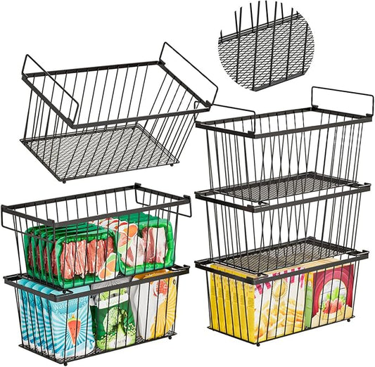 6 Pack Stackable Deep Freezer Organizer Bins ，Upgraded Bottom Leak-Proof net，Encryption and Hardening ， Freezer Organizer Bins for 5 to 9 Cu.FT Small Chest Freezer， Easy Get Bottom Foods