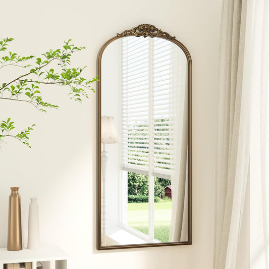 Keonjinn Arched Gold Wall Mirror, 48" x 22" Vintage Wall Mirror with Metal Frame, Traditional Brass Mirror, Decorative Baroque Mirror for Hallway, Fireplace, French Cleat Mounting