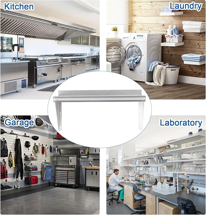 HARDURA Stainless Steel Shelf 12" x 24", 210lb Commercial Shelves Wall Mount Metal Shelving with Backsplash and Brackets for Kitchen, Restaurant, Laundry Room and Home