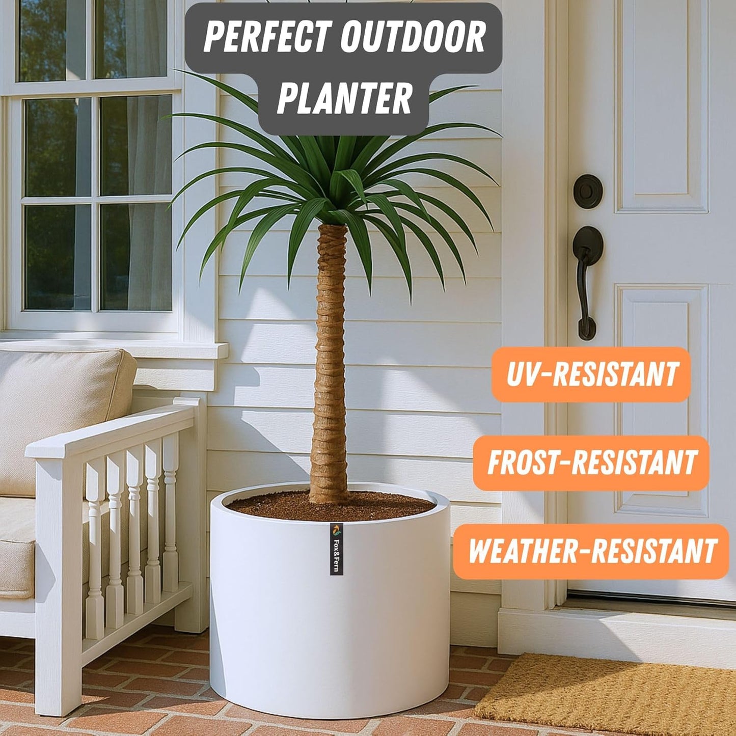 Fox & Fern 18.7 Inch Extra Large Planter — Premium Lightweight Fiberstone Matte White Plant Pot with Drainage Plug; Extra Large Planter for Indoor & Outdoor Use; Weather Resistant & UV Resistant