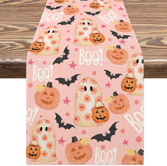AnyDesign Halloween Table Runner Pink Spooky Ghost Pumpkin Table Cover Kitchen Dining Table Decoration Pink Halloween Table Dresser Scarves for Indoor Outdoor Home Party, 13 x 72 Inch