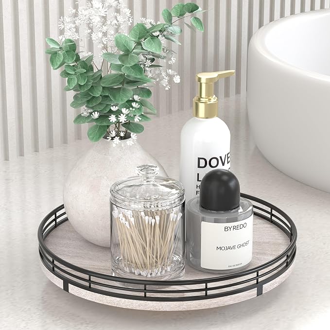 10" Oak Bathroom Vanity Tray Turntable for Perfume Candle, Round Wooden Decorative Tray for Kitchen Sink Countertop Organizer, Bathroom Counter Organizer for Skincare Makeup, Rustic White