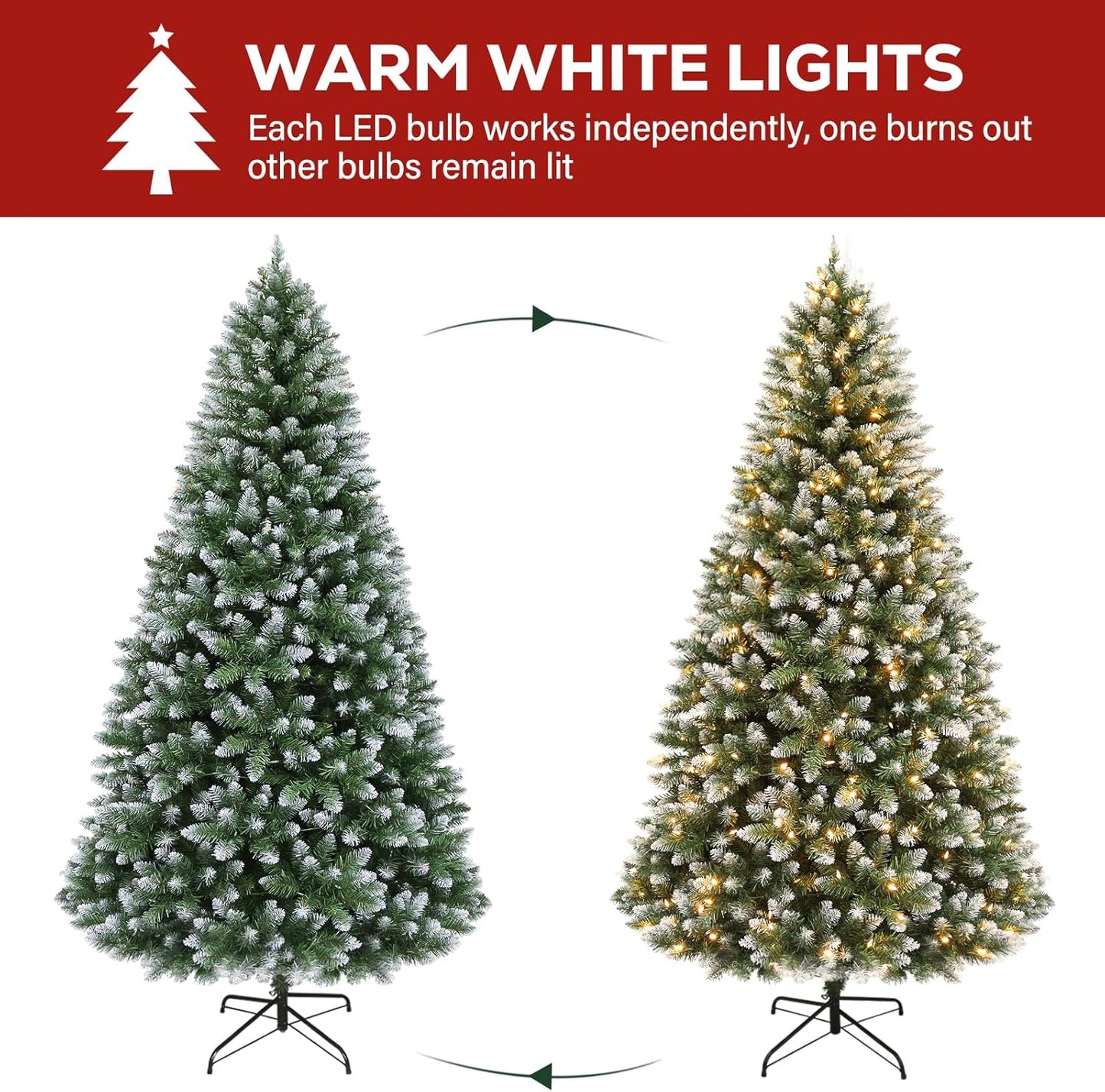 Hykolity 6 ft Prelit Christmas Tree with 250 LED Warm White Lights, Partially Snow Flocked Artificial Tree, 1032 PVC Branches, Metal Stand and Hinged Branches, Holiday Decoration for Home