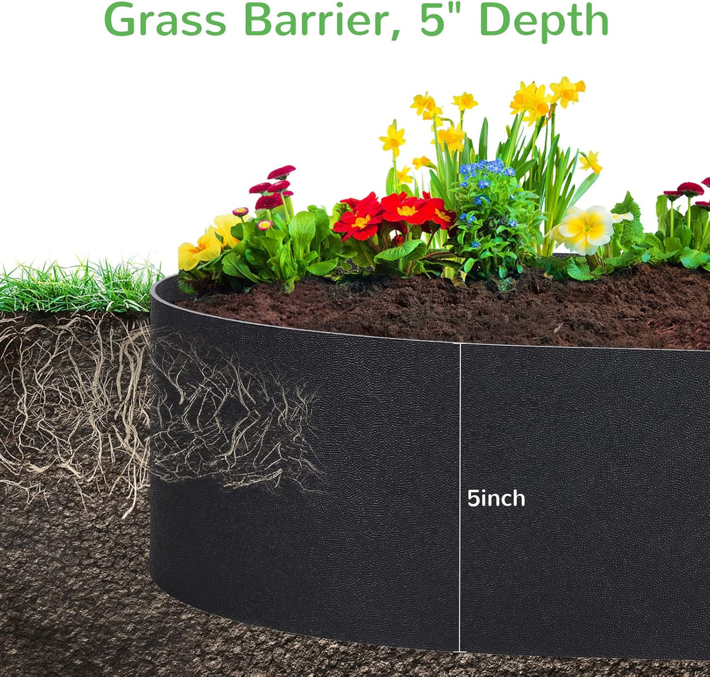 Black Plastic Garden Landscape Edging, 5” Tall Border Coil, Flexible and Strengthened with Anti-UV Treatment (20ft with 6pcs Stakes)